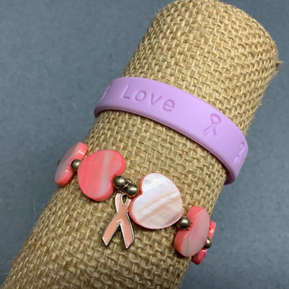 BCA Ribbon Awareness Bracelet Lot Pink Stretch Heart Shell Beads Purple Silicone